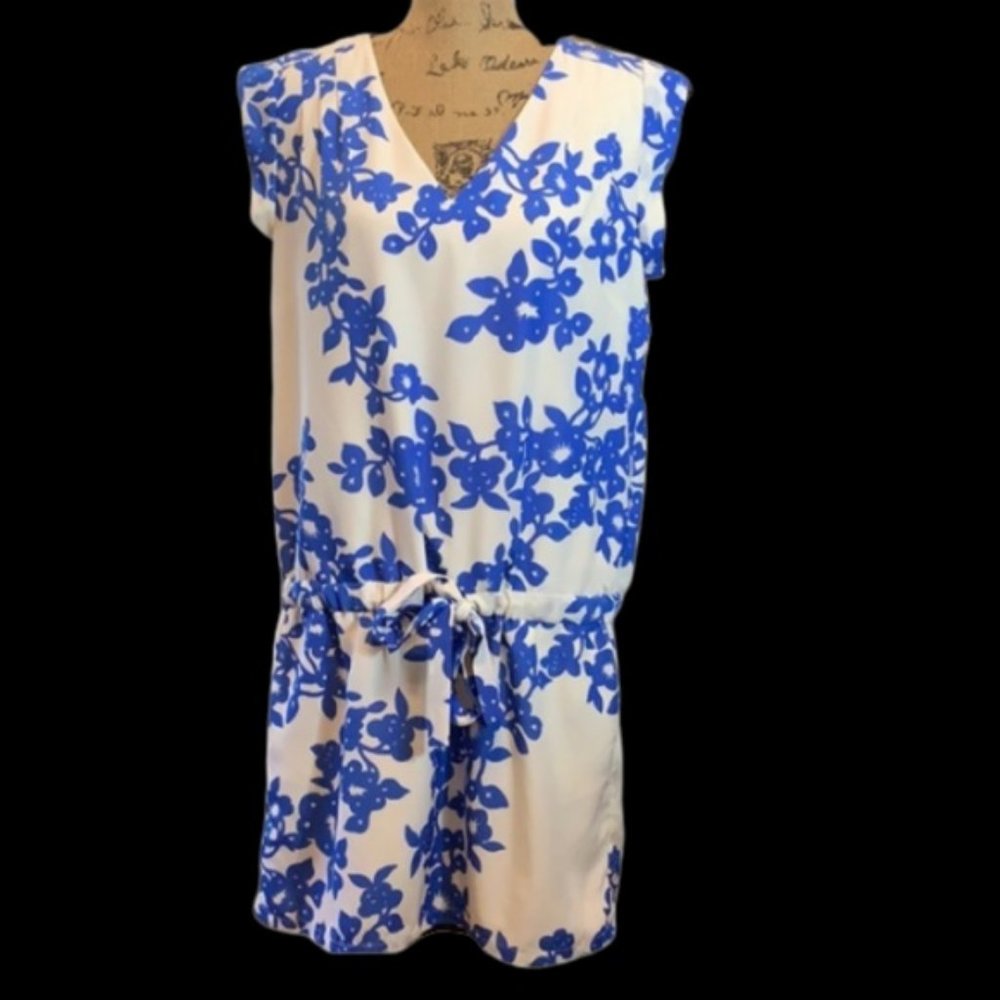 JESSICA SIMPSON Women's Ivory Blue Floral Dress L